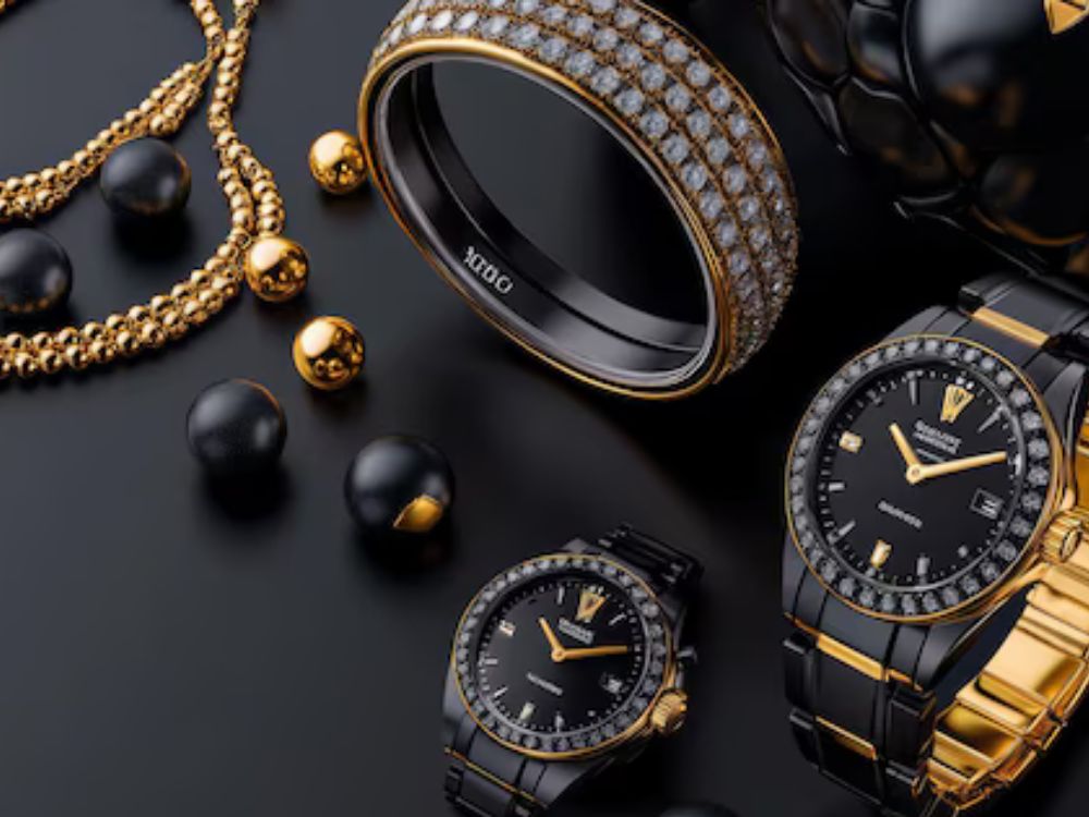 An image of black PVC coated jewelry and watches. 